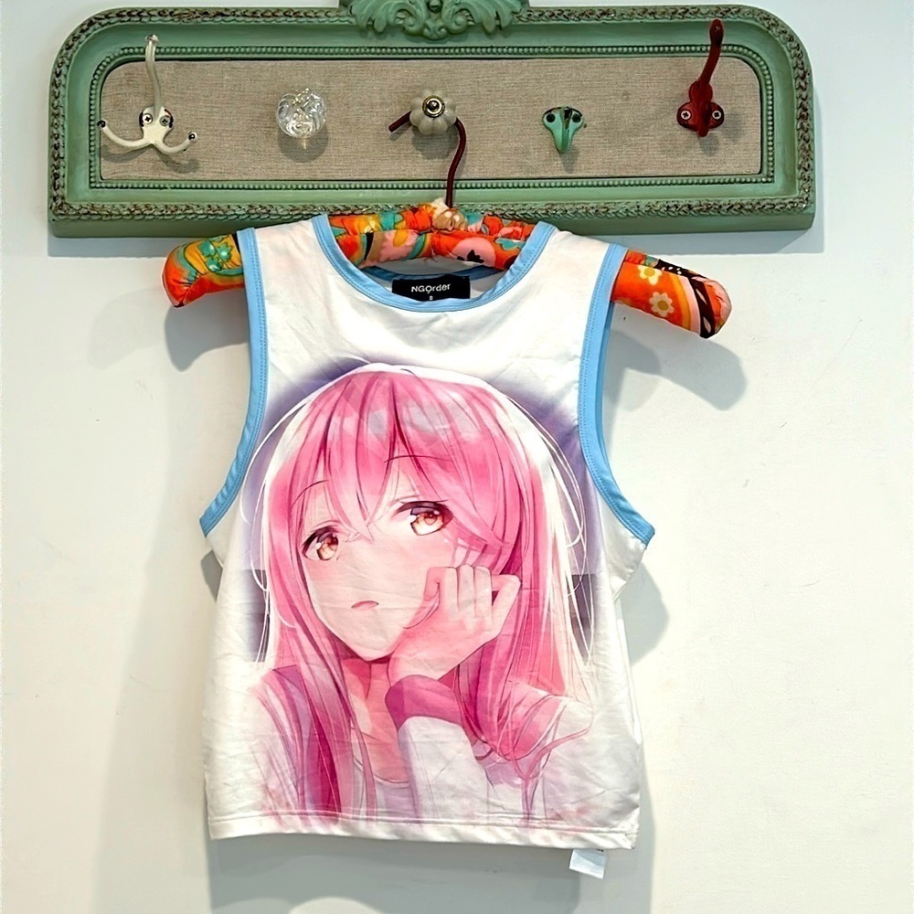 Sakura Otaku white Pink Stretch Shoujo Manga Sleeveless Blue trim Slim tank Top